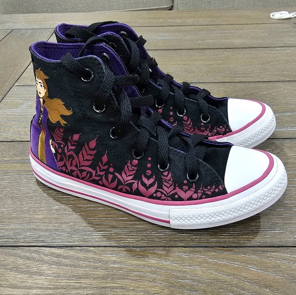 Converse Other - Converse Frozen Anna Shoes Girls Size 1 All Star Black/Purple High Top